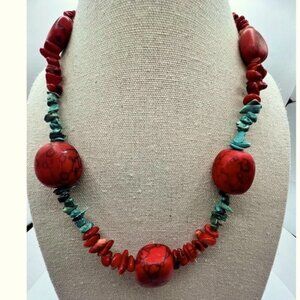 Vintage Genuine Red Coral, Howlite & Genuine Turquoise Necklace.  A30